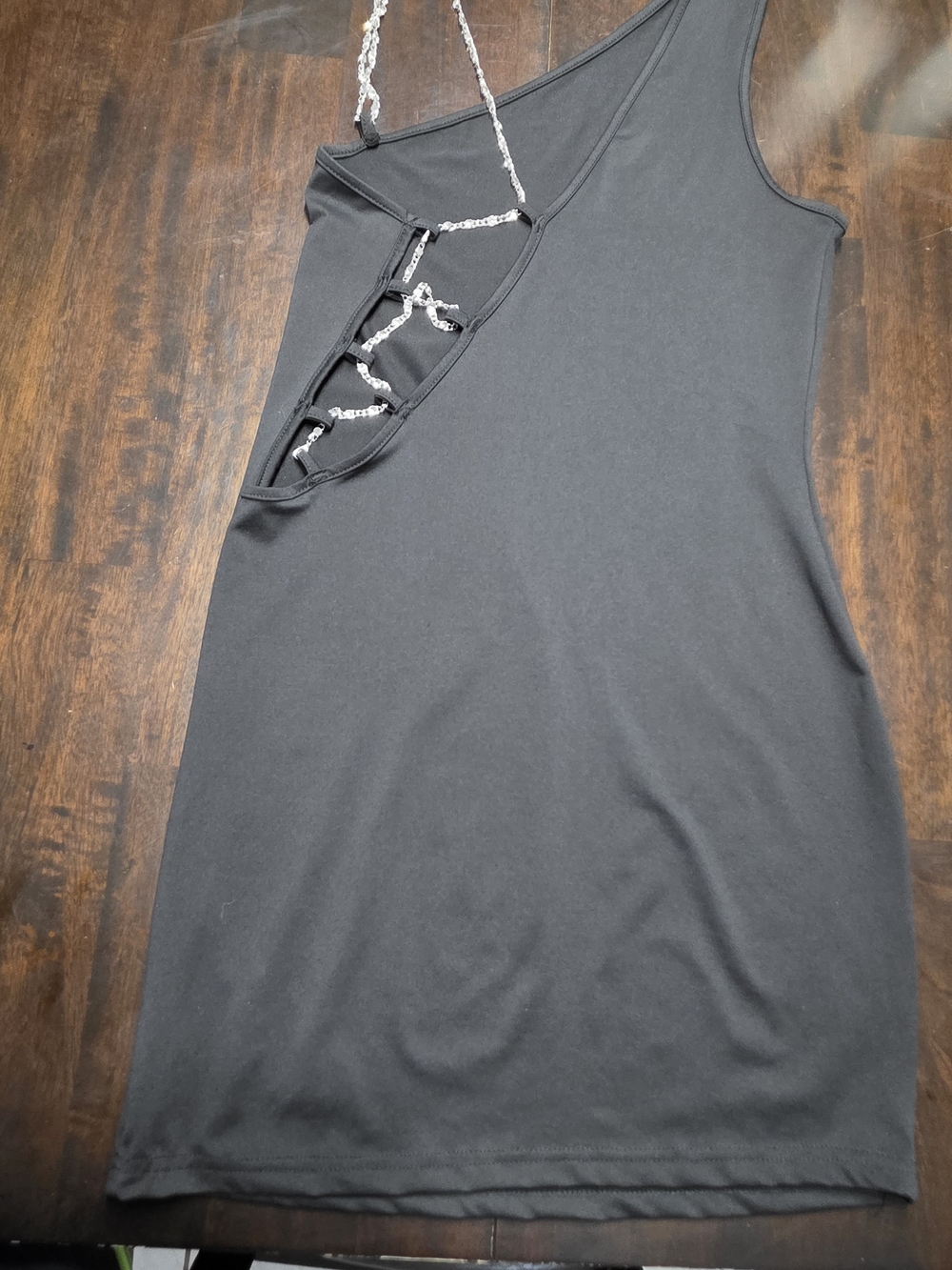 Black Asymmetric Cutout Tank Top with Chain Detail